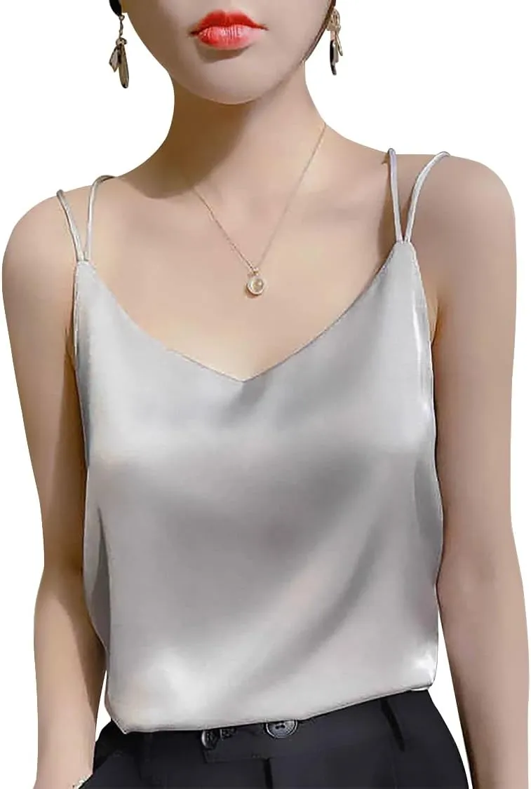 Spaghetti Strap Cross Back Silk Camisole for Women 19 Momme Silk Charmeuse Sleeveless V Neck Cami Top Lightweight and Elegant