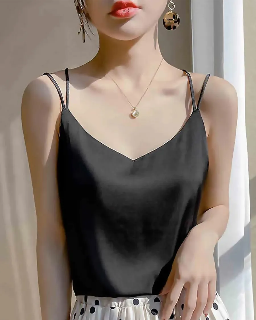Spaghetti Strap Cross Back Silk Camisole for Women 19 Momme Silk Charmeuse Sleeveless V Neck Cami Top Lightweight and Elegant