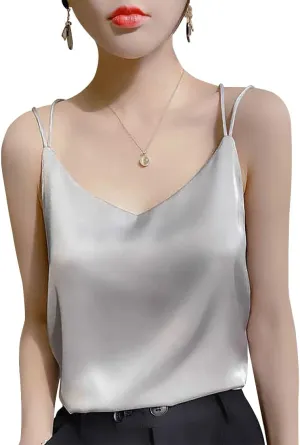 Spaghetti Strap Cross Back Silk Camisole for Women 19 Momme Silk Charmeuse Sleeveless V Neck Cami Top Lightweight and Elegant