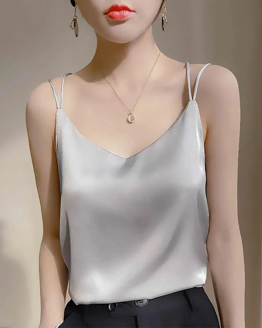 Spaghetti Strap Cross Back Silk Camisole for Women 19 Momme Silk Charmeuse Sleeveless V Neck Cami Top Lightweight and Elegant