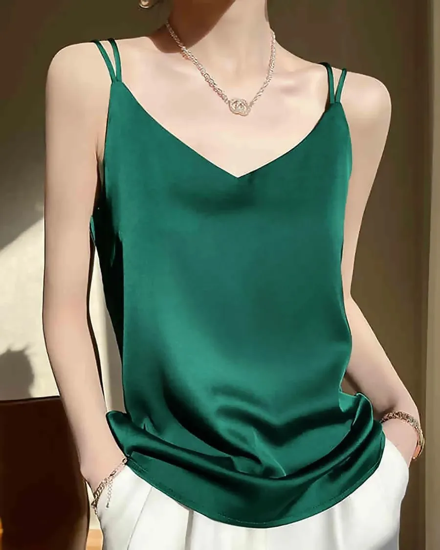 Spaghetti Strap Cross Back Silk Camisole for Women 19 Momme Silk Charmeuse Sleeveless V Neck Cami Top Lightweight and Elegant