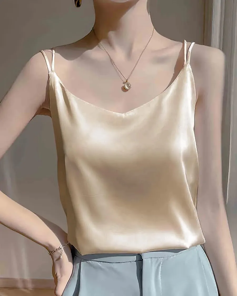 Spaghetti Strap Cross Back Silk Camisole for Women 19 Momme Silk Charmeuse Sleeveless V Neck Cami Top Lightweight and Elegant