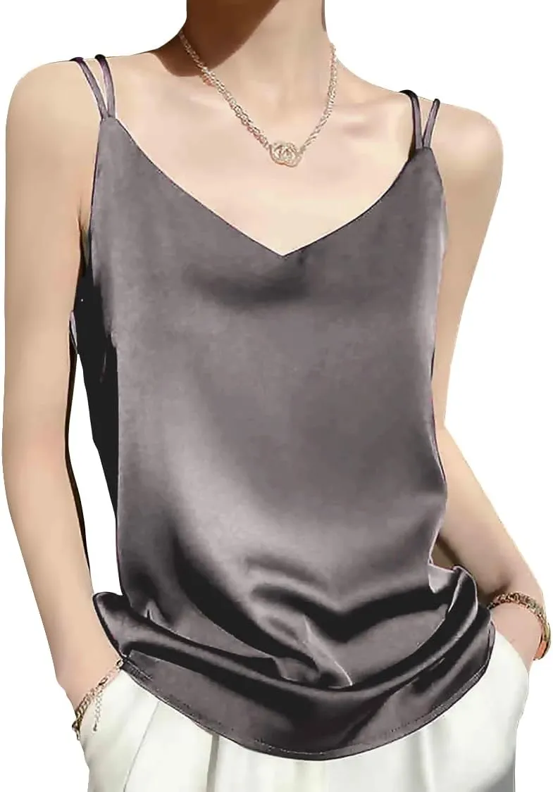 Spaghetti Strap Cross Back Silk Camisole for Women 19 Momme Silk Charmeuse Sleeveless V Neck Cami Top Lightweight and Elegant