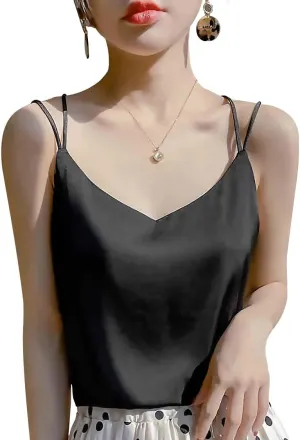 Spaghetti Strap Cross Back Silk Camisole for Women 19 Momme Silk Charmeuse Sleeveless V Neck Cami Top Lightweight and Elegant