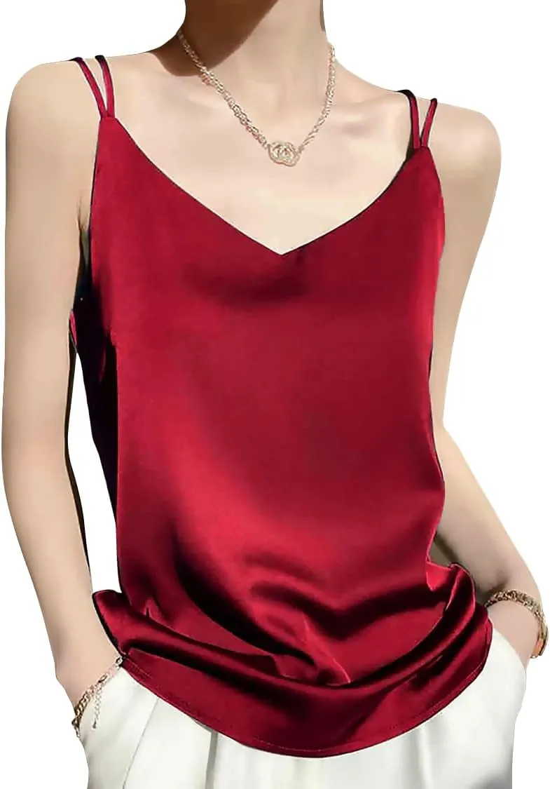 Spaghetti Strap Cross Back Silk Camisole for Women 19 Momme Silk Charmeuse Sleeveless V Neck Cami Top Lightweight and Elegant