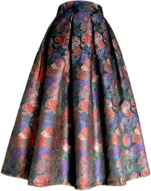 Spring Summer Clothes Women Pink Floral Print High Waist Pleated Midi Skirt