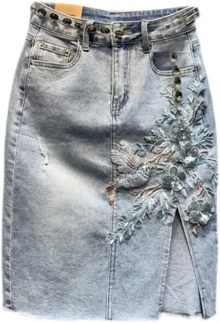 Spring Summer Embroidery Flower Denim Skirt Split Retro Midi Skirt Korean Style Skirts