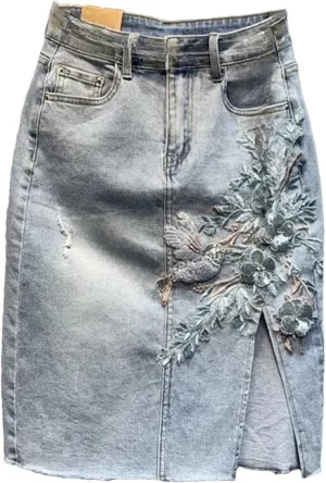 Spring Summer Embroidery Flower Denim Skirt Split Retro Midi Skirt Korean Style Skirts