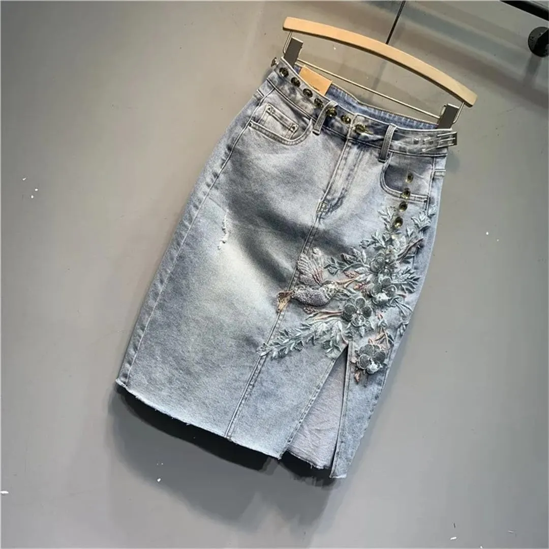 Spring Summer Embroidery Flower Denim Skirt Split Retro Midi Skirt Korean Style Skirts