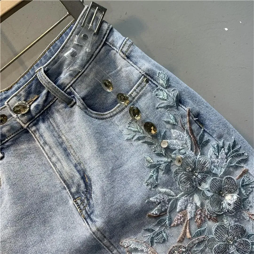 Spring Summer Embroidery Flower Denim Skirt Split Retro Midi Skirt Korean Style Skirts
