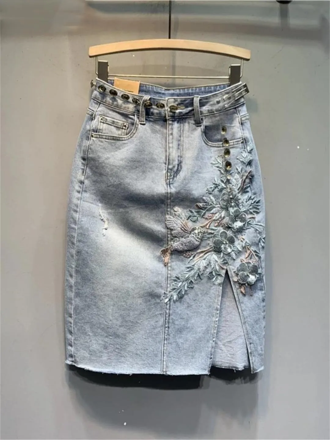 Spring Summer Embroidery Flower Denim Skirt Split Retro Midi Skirt Korean Style Skirts