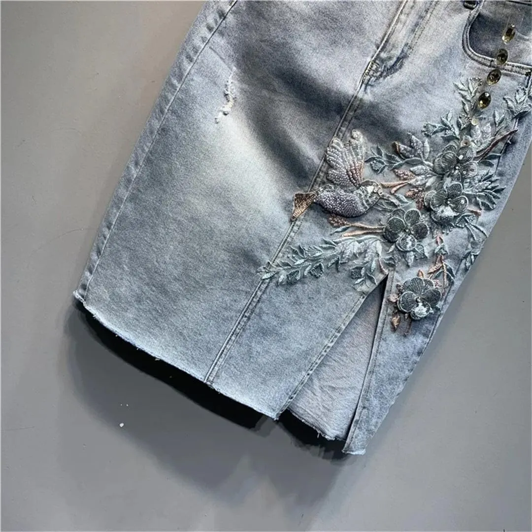 Spring Summer Embroidery Flower Denim Skirt Split Retro Midi Skirt Korean Style Skirts