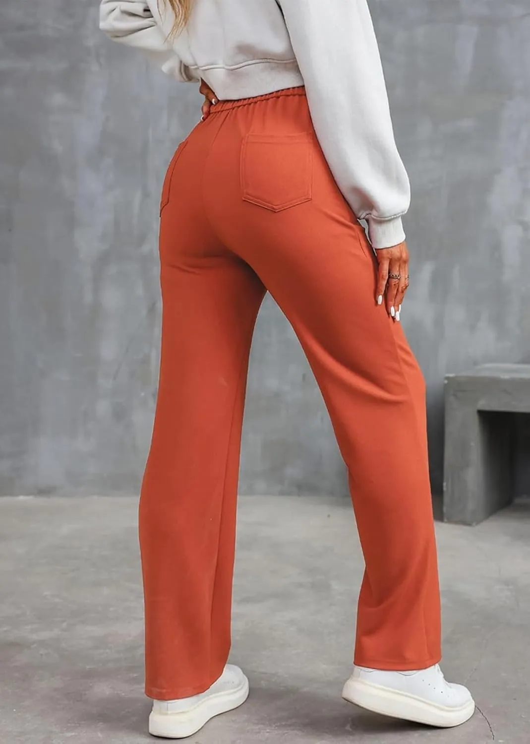 Straight Leg Pants Women Casual High Waist Button Elastic Trousers Tummy Control Stretch Pants with Multiple Pockets