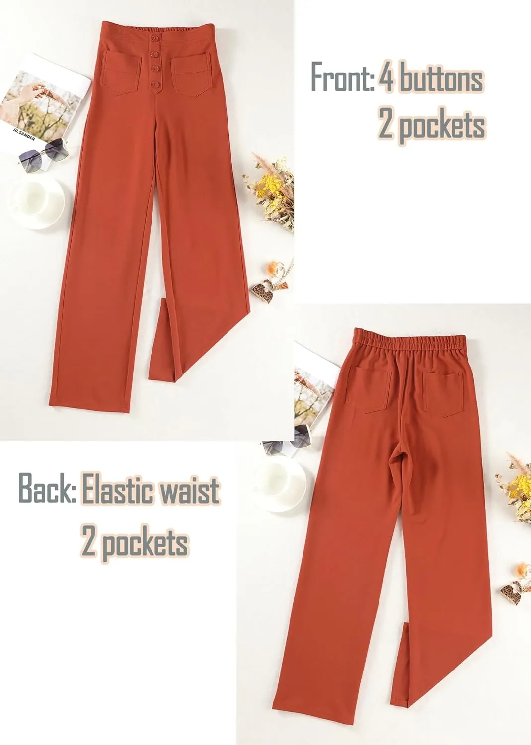 Straight Leg Pants Women Casual High Waist Button Elastic Trousers Tummy Control Stretch Pants with Multiple Pockets