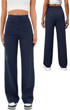 Straight Leg Pants Women Casual High Waist Button Elastic Trousers Tummy Control Stretch Pants with Multiple Pockets
