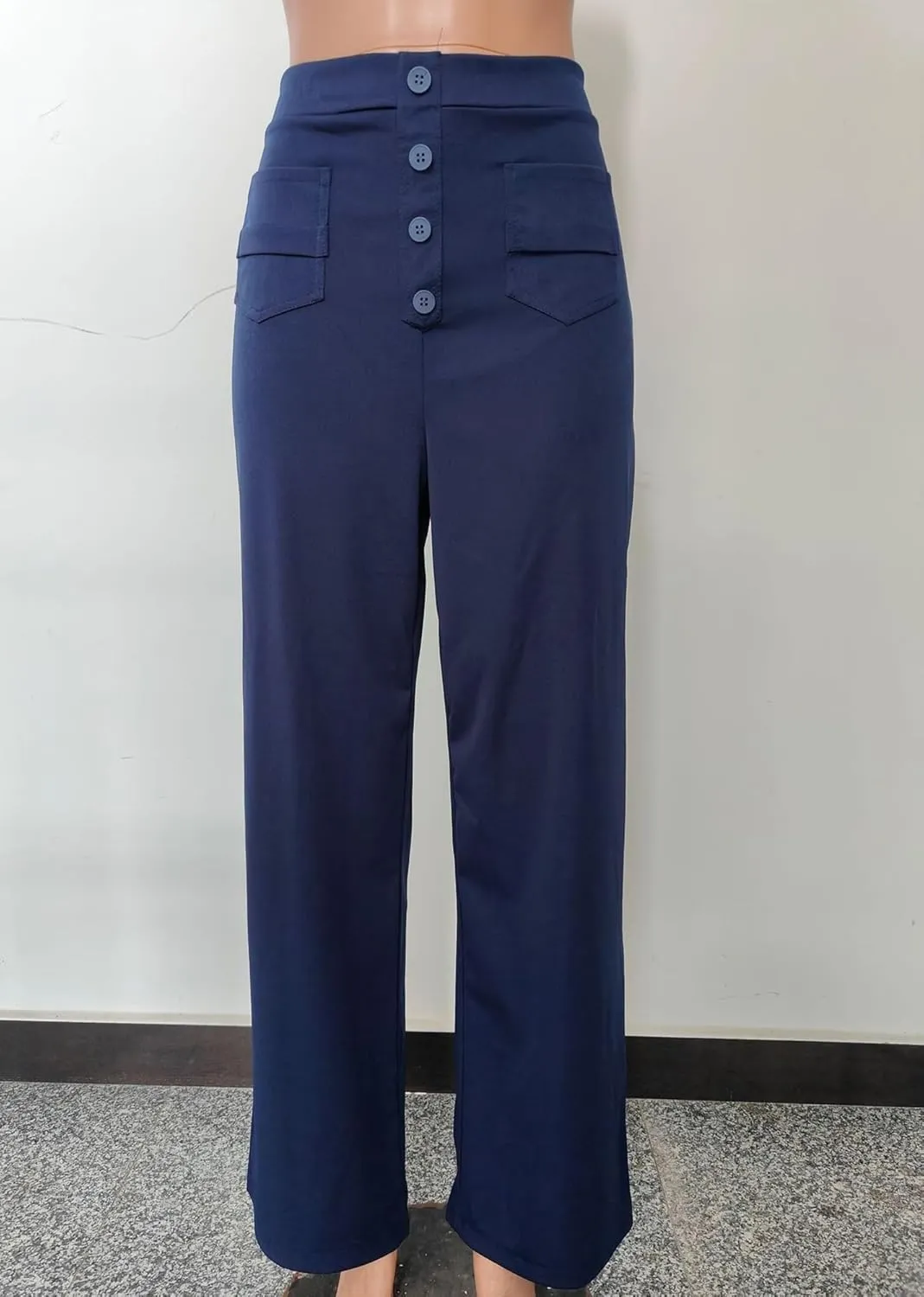 Straight Leg Pants Women Casual High Waist Button Elastic Trousers Tummy Control Stretch Pants with Multiple Pockets
