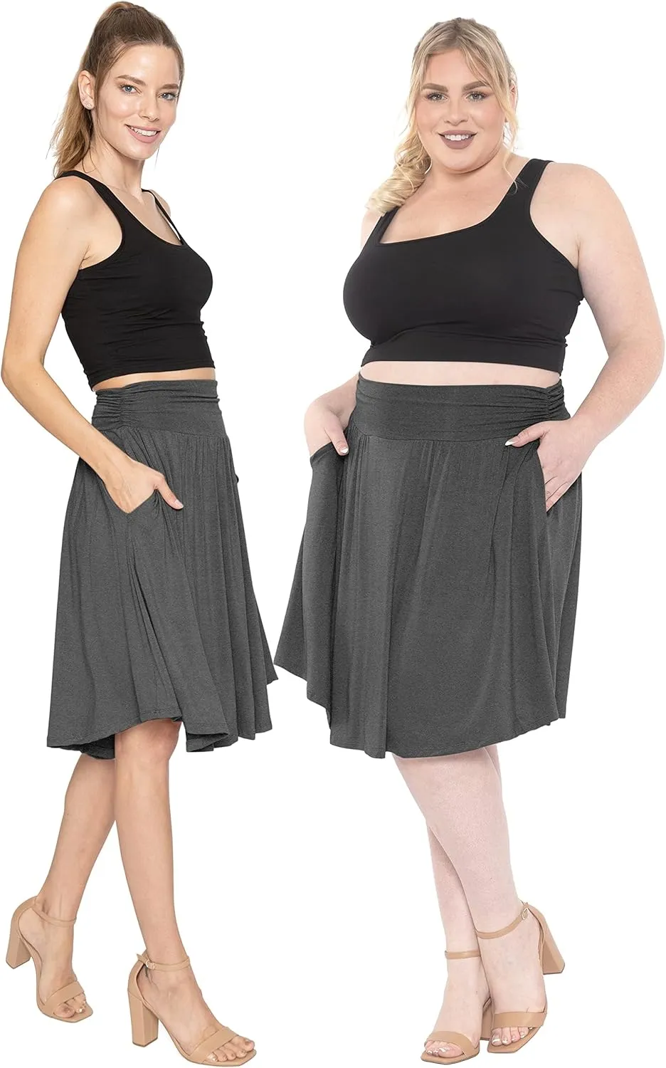 STRETCH IS COMFORT Women's and Plus Size Scoop Hem Flare Mid Length Skirt with Pockets | S-5X