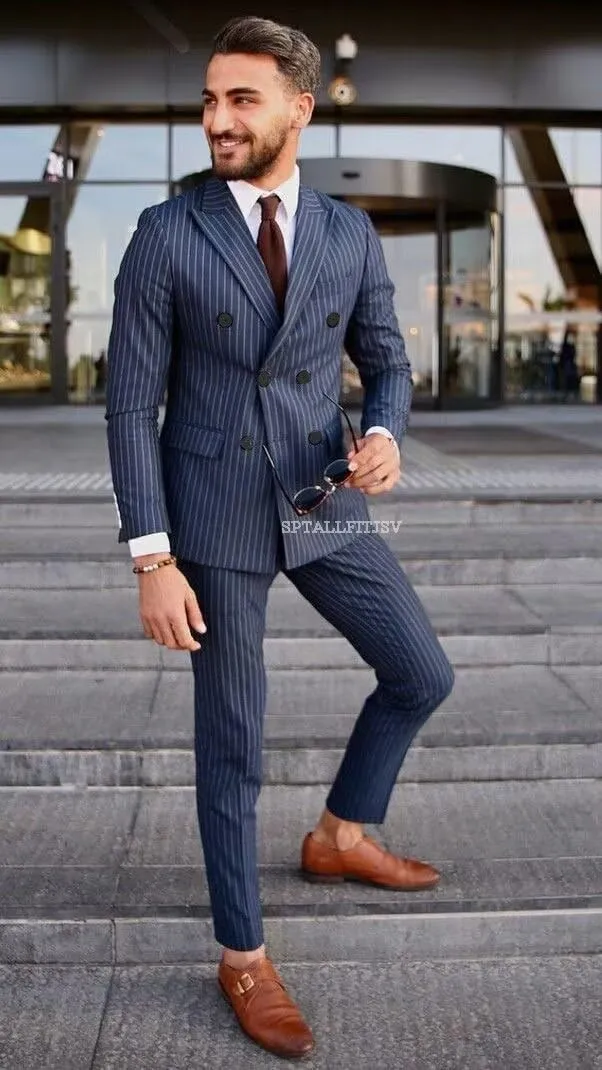 Striped Double Breasted Suit for Men Mens Suits 2 Piece Double Breasted Suit Men Classic Fit Peak Lapel