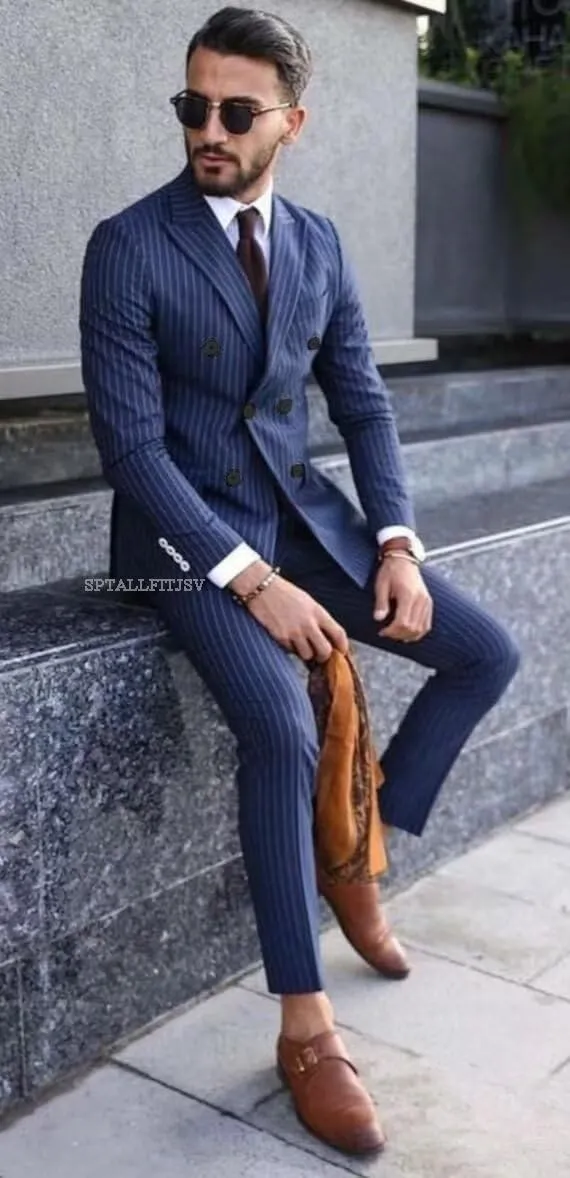 Striped Double Breasted Suit for Men Mens Suits 2 Piece Double Breasted Suit Men Classic Fit Peak Lapel