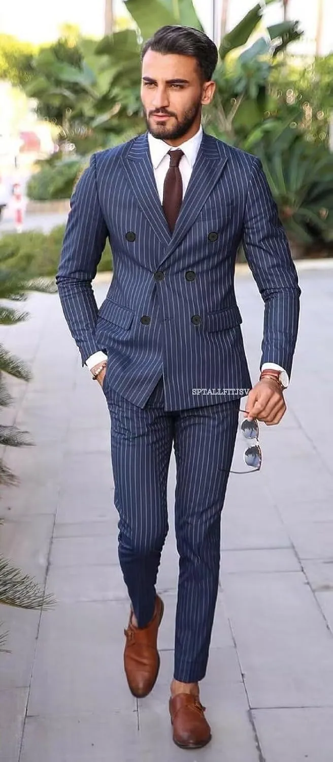 Striped Double Breasted Suit for Men Mens Suits 2 Piece Double Breasted Suit Men Classic Fit Peak Lapel
