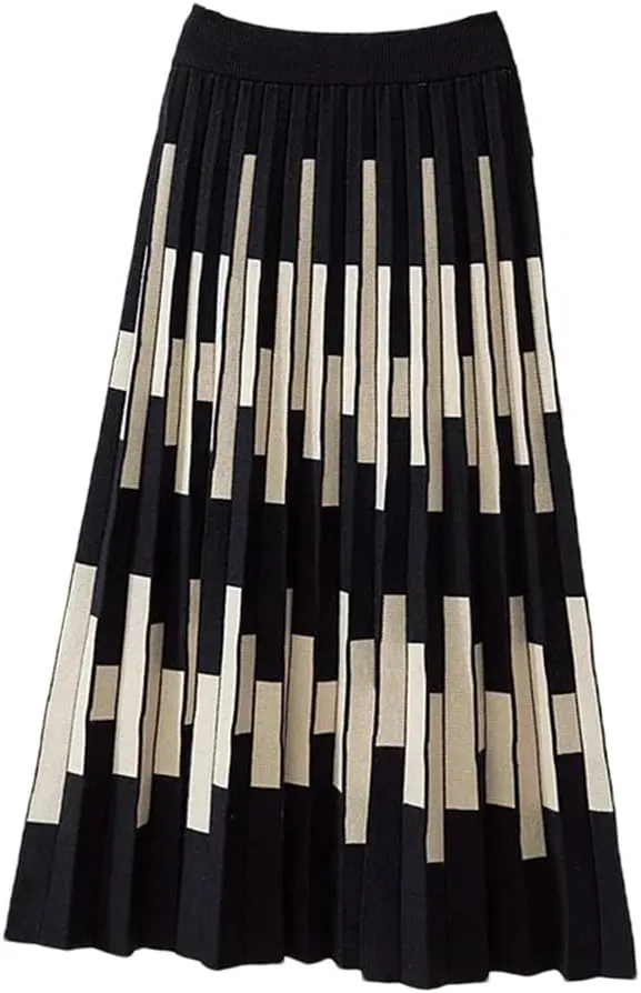 Striped Knitted Long Skirt for Women Autumn Winter Warm A Line High Waist Pleated Midi Skirt