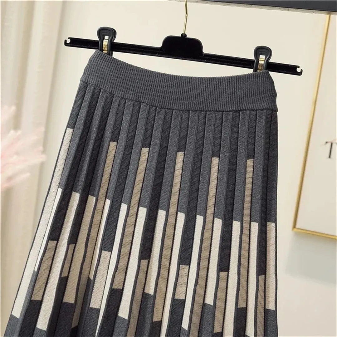 Striped Knitted Long Skirt for Women Autumn Winter Warm A Line High Waist Pleated Midi Skirt