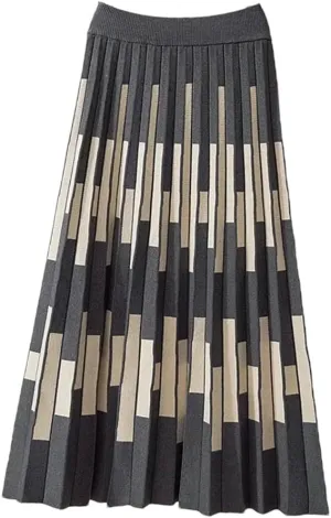 Striped Knitted Long Skirt for Women Autumn Winter Warm A Line High Waist Pleated Midi Skirt