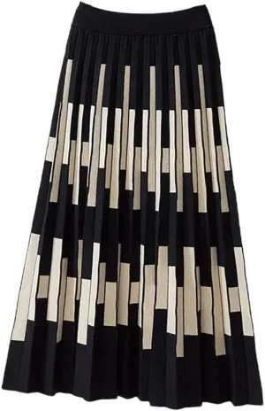 Striped Knitted Long Skirt for Women Autumn Winter Warm A Line High Waist Pleated Midi Skirt