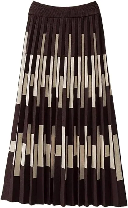 Striped Knitted Long Skirt for Women Autumn Winter Warm A Line High Waist Pleated Midi Skirt