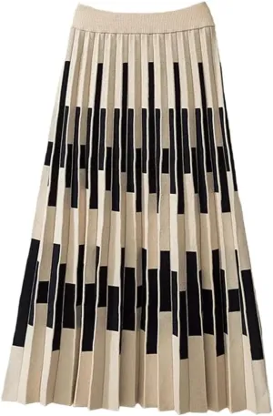 Striped Knitted Long Skirt for Women Autumn Winter Warm A Line High Waist Pleated Midi Skirt