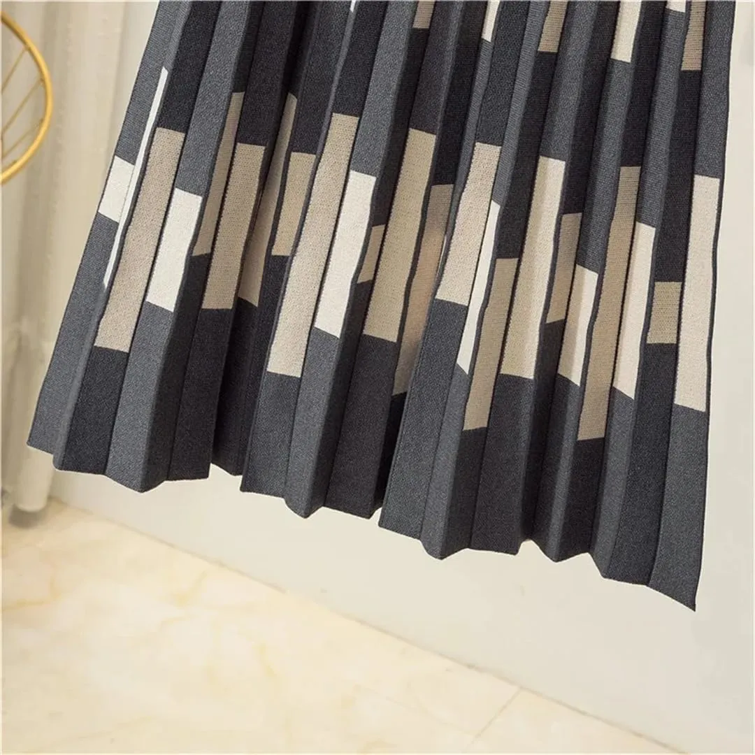 Striped Knitted Long Skirt for Women Autumn Winter Warm A Line High Waist Pleated Midi Skirt
