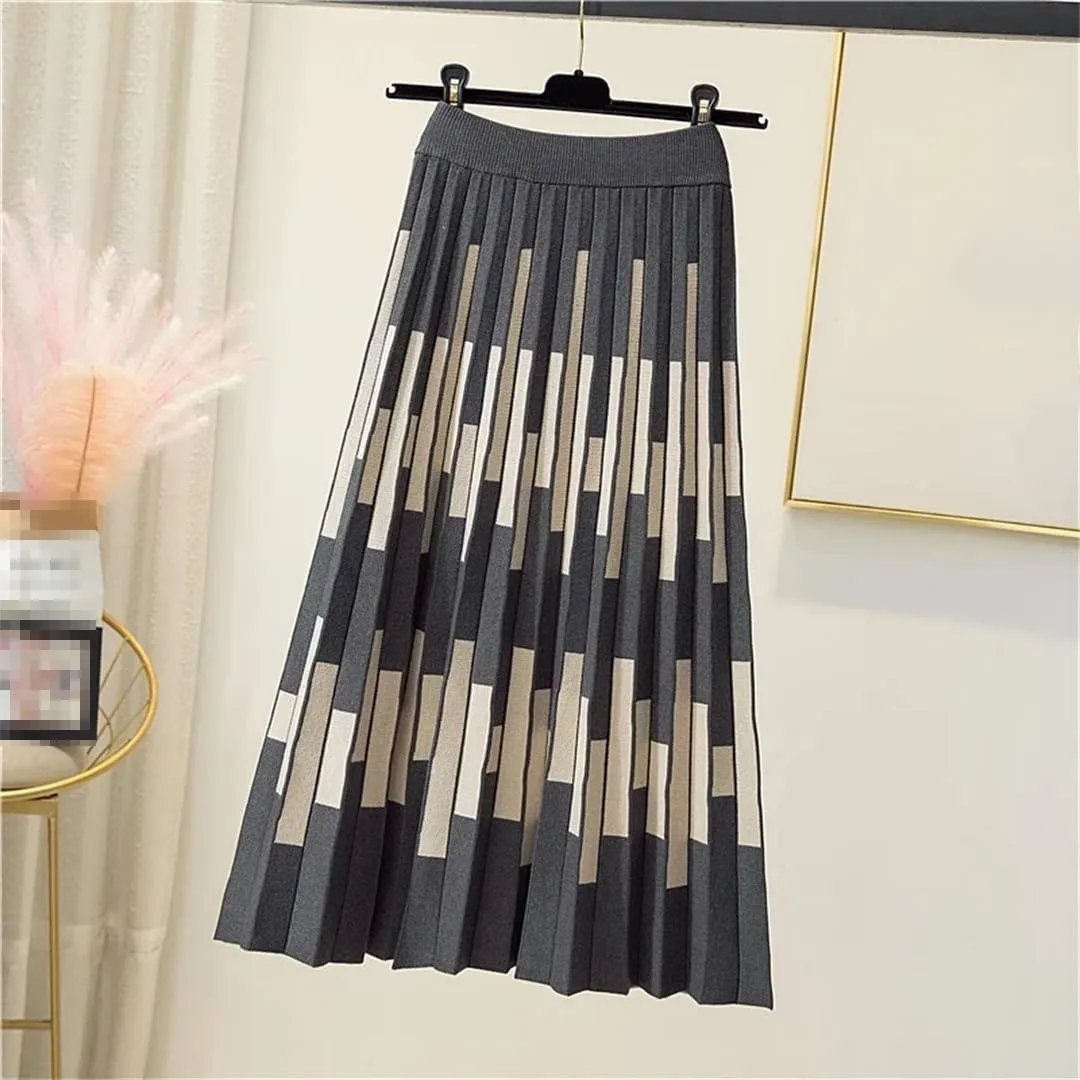 Striped Knitted Long Skirt for Women Autumn Winter Warm A Line High Waist Pleated Midi Skirt