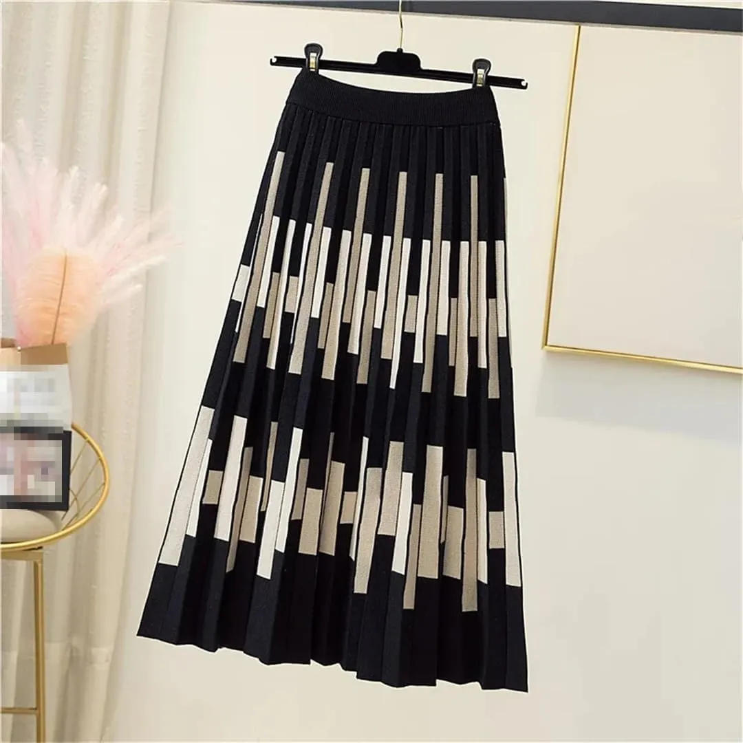 Striped Knitted Long Skirt for Women Autumn Winter Warm A Line High Waist Pleated Midi Skirt