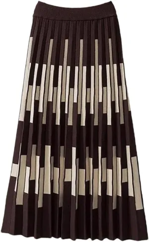 Striped Knitted Long Skirt for Women Autumn Winter Warm A Line High Waist Pleated Midi Skirt