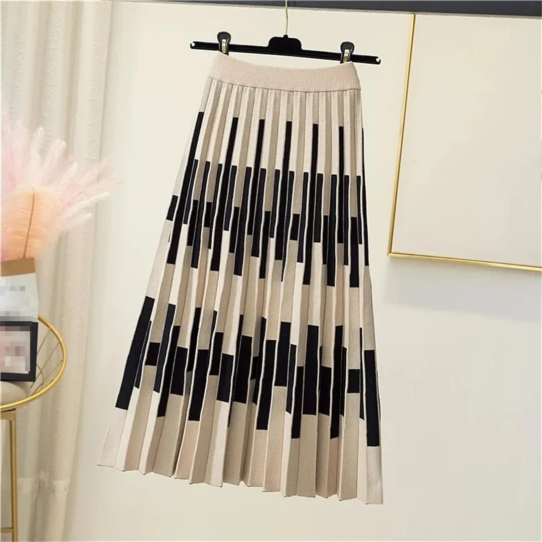 Striped Knitted Long Skirt for Women Autumn Winter Warm A Line High Waist Pleated Midi Skirt