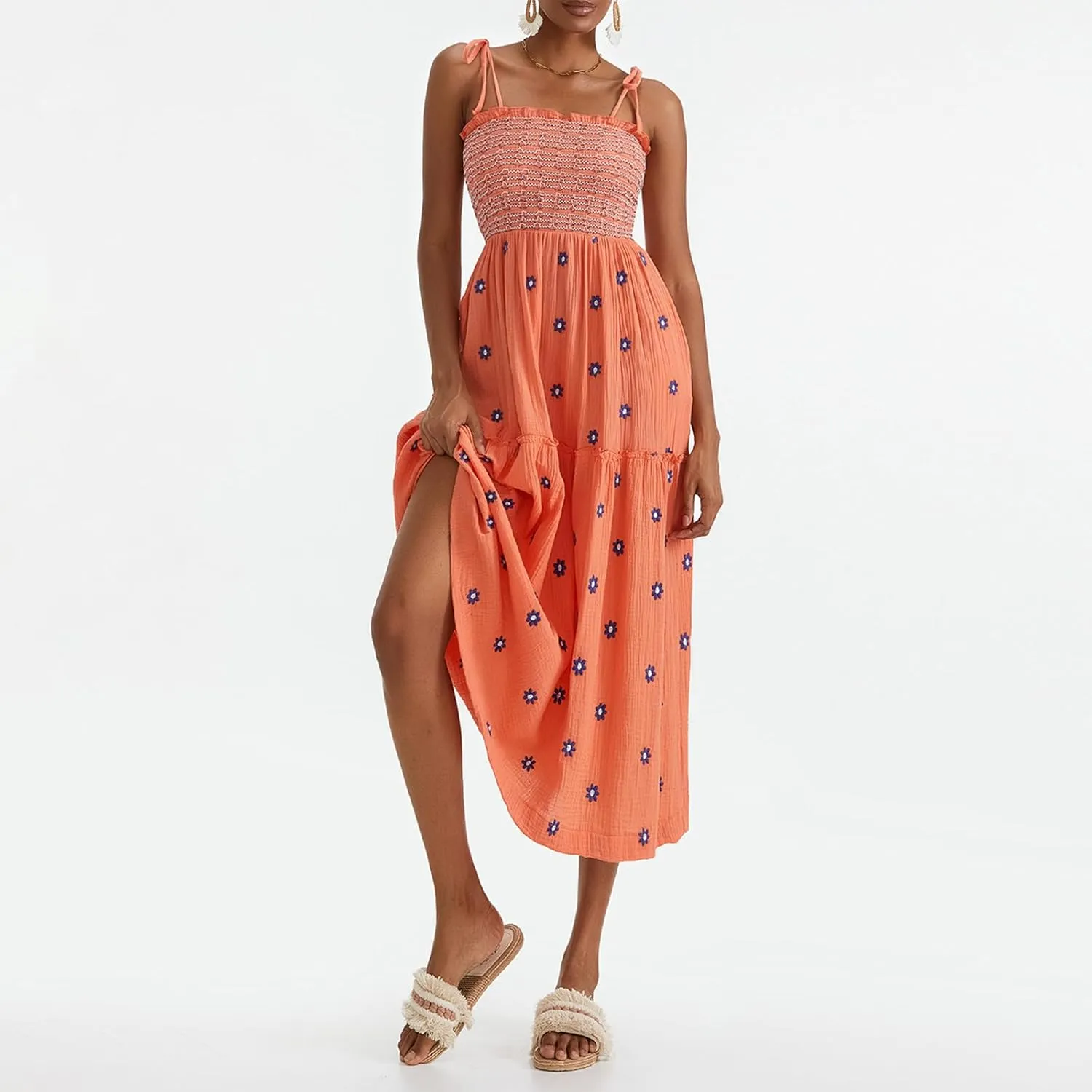 Summer Sundresses for Women 2024 Boho Embroidered Flroal Flowy Maxi Dress Spaghetti Strap Long Beach Vacation Dress