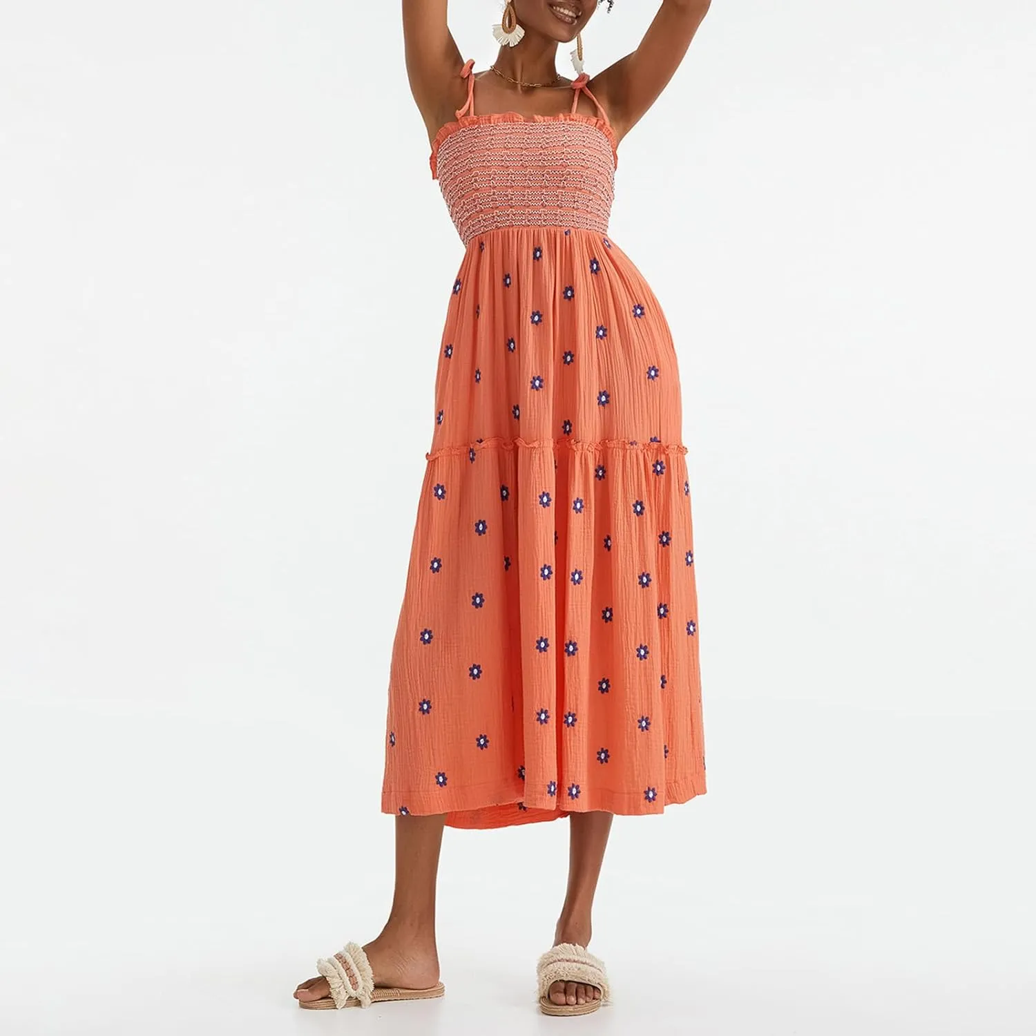 Summer Sundresses for Women 2024 Boho Embroidered Flroal Flowy Maxi Dress Spaghetti Strap Long Beach Vacation Dress