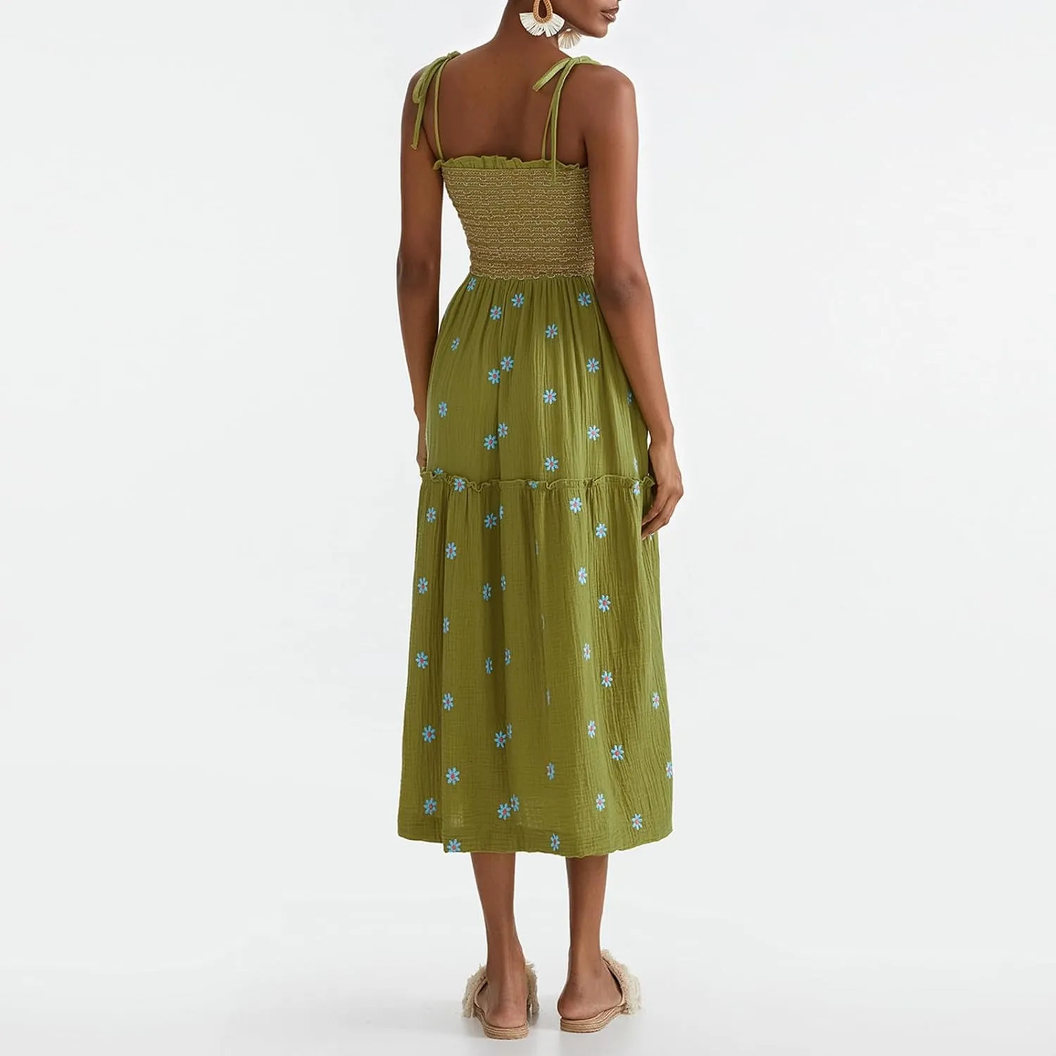Summer Sundresses for Women 2024 Boho Embroidered Flroal Flowy Maxi Dress Spaghetti Strap Long Beach Vacation Dress