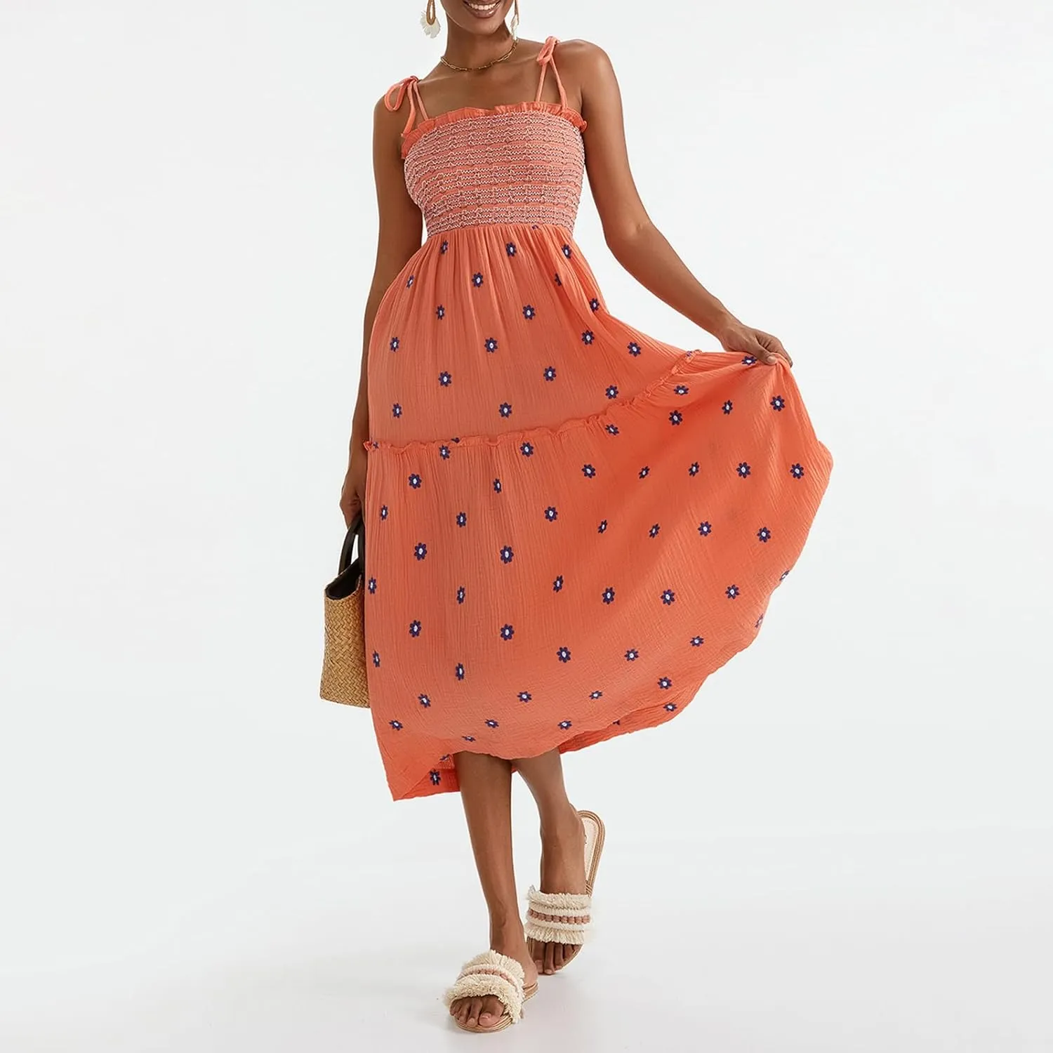 Summer Sundresses for Women 2024 Boho Embroidered Flroal Flowy Maxi Dress Spaghetti Strap Long Beach Vacation Dress