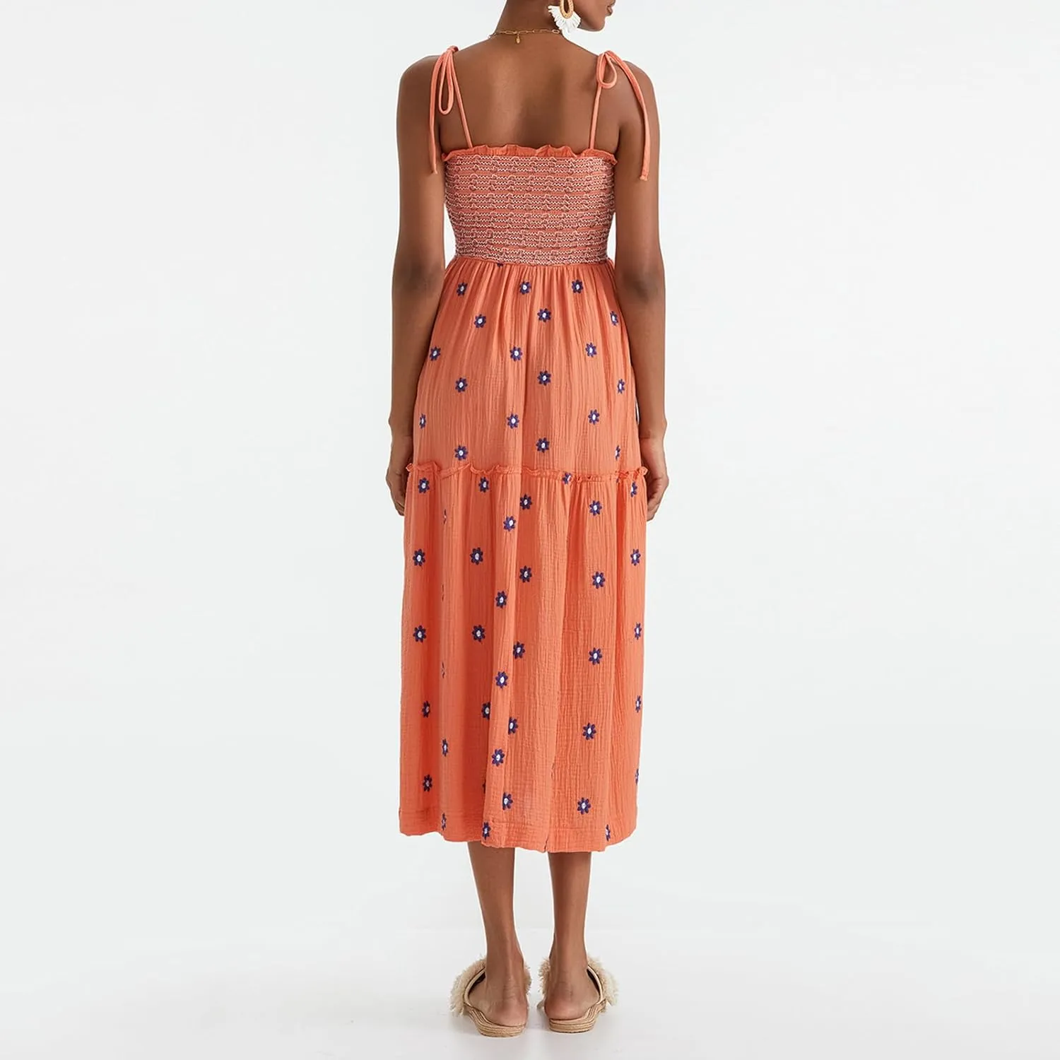 Summer Sundresses for Women 2024 Boho Embroidered Flroal Flowy Maxi Dress Spaghetti Strap Long Beach Vacation Dress