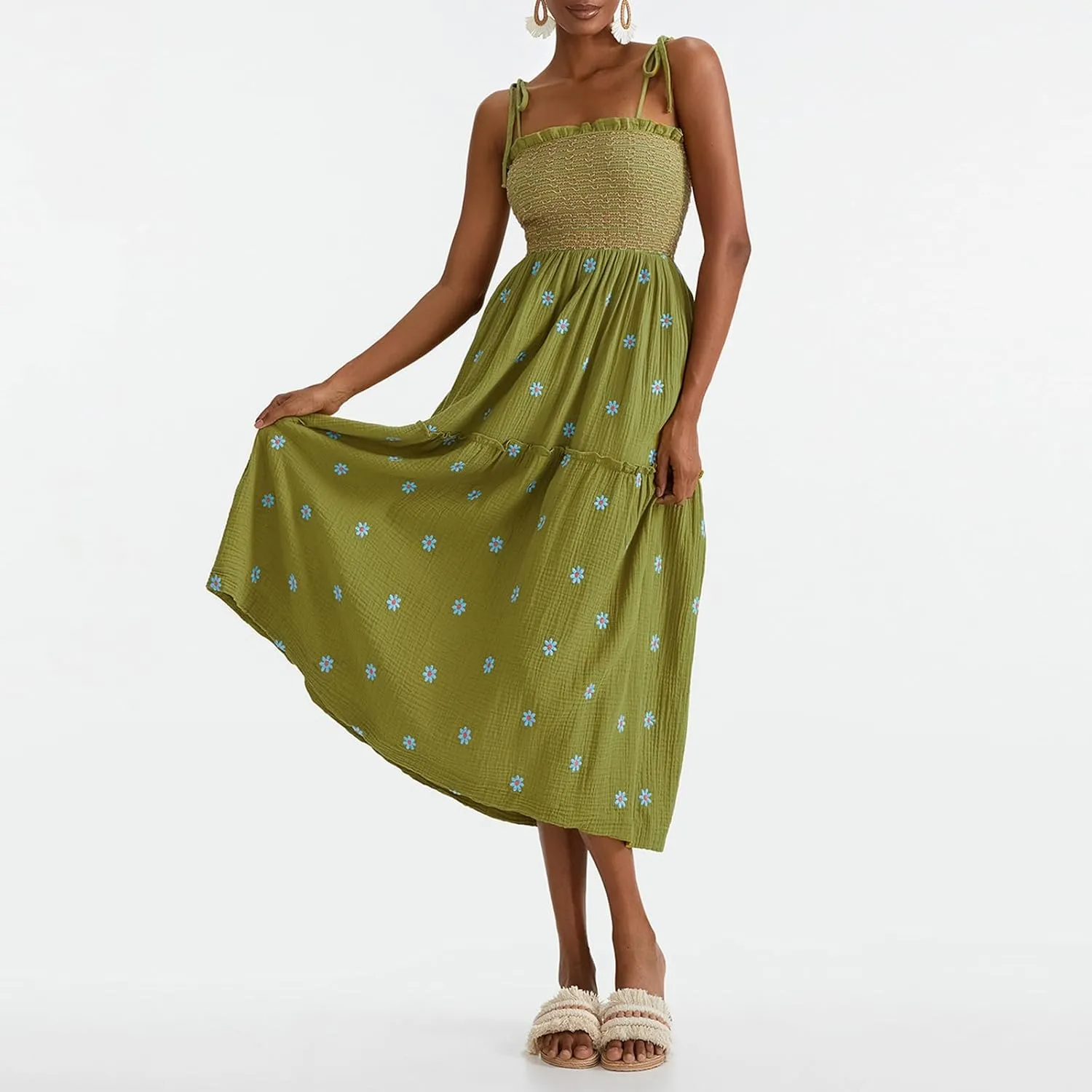 Summer Sundresses for Women 2024 Boho Embroidered Flroal Flowy Maxi Dress Spaghetti Strap Long Beach Vacation Dress