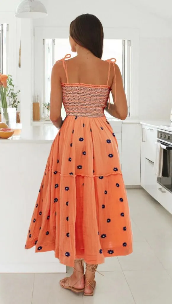 Summer Sundresses for Women 2024 Boho Embroidered Flroal Flowy Maxi Dress Spaghetti Strap Long Beach Vacation Dress