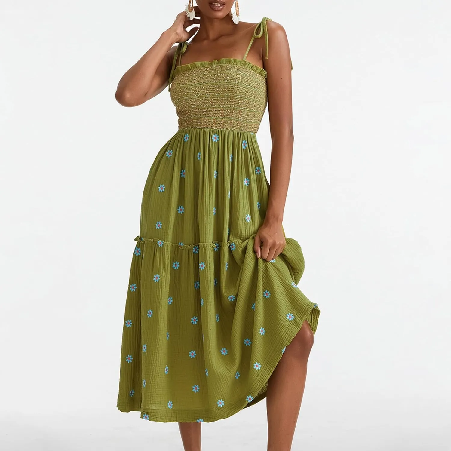 Summer Sundresses for Women 2024 Boho Embroidered Flroal Flowy Maxi Dress Spaghetti Strap Long Beach Vacation Dress