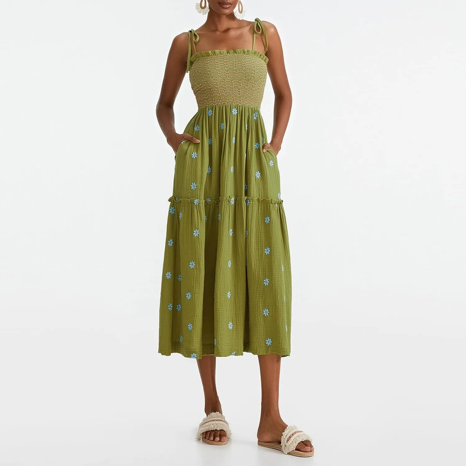 Summer Sundresses for Women 2024 Boho Embroidered Flroal Flowy Maxi Dress Spaghetti Strap Long Beach Vacation Dress