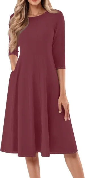 Sun Dresses for Women 2025 Vacation, Spring Casual Round Neck Three-Quarter Sleeve Solid Midi Dress