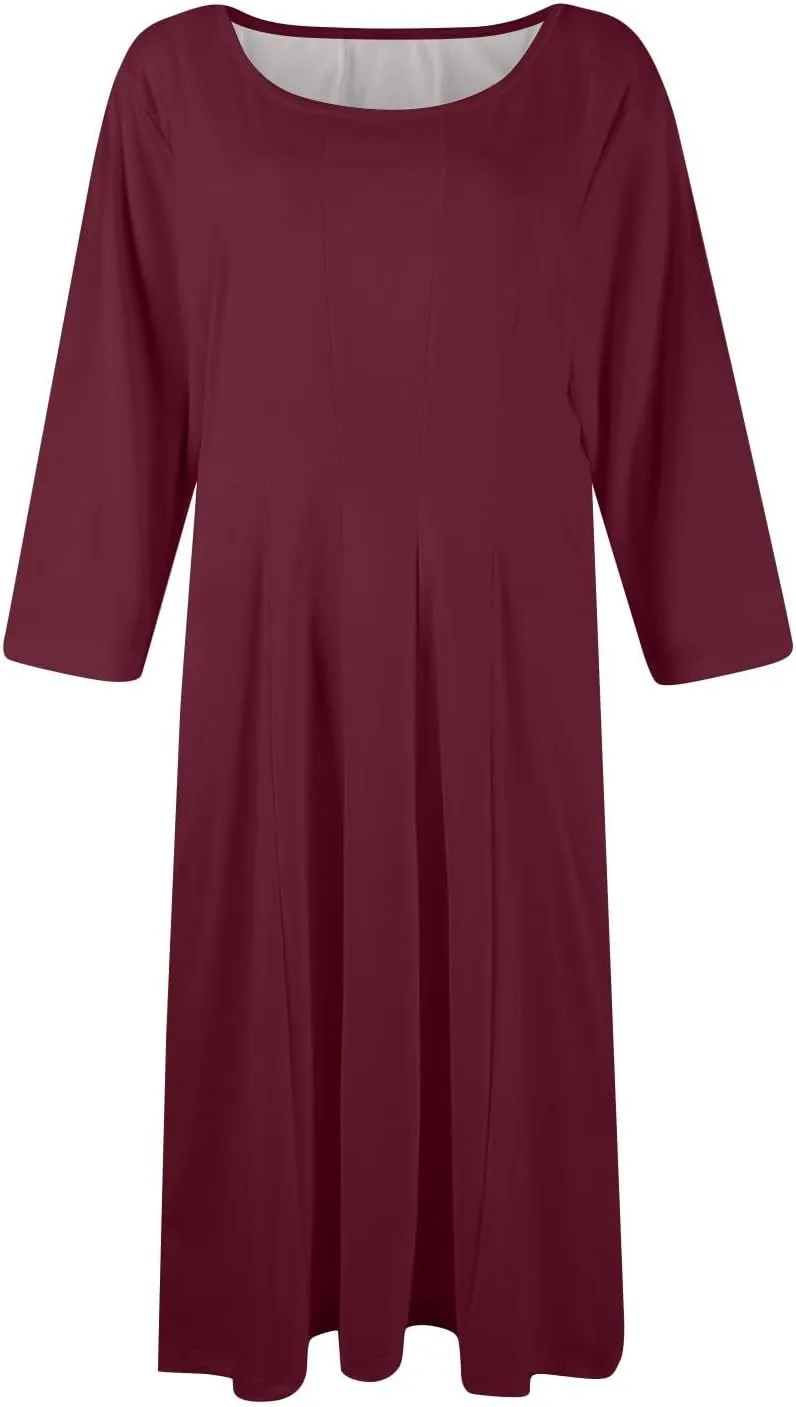 Sun Dresses for Women 2025 Vacation, Spring Casual Round Neck Three-Quarter Sleeve Solid Midi Dress