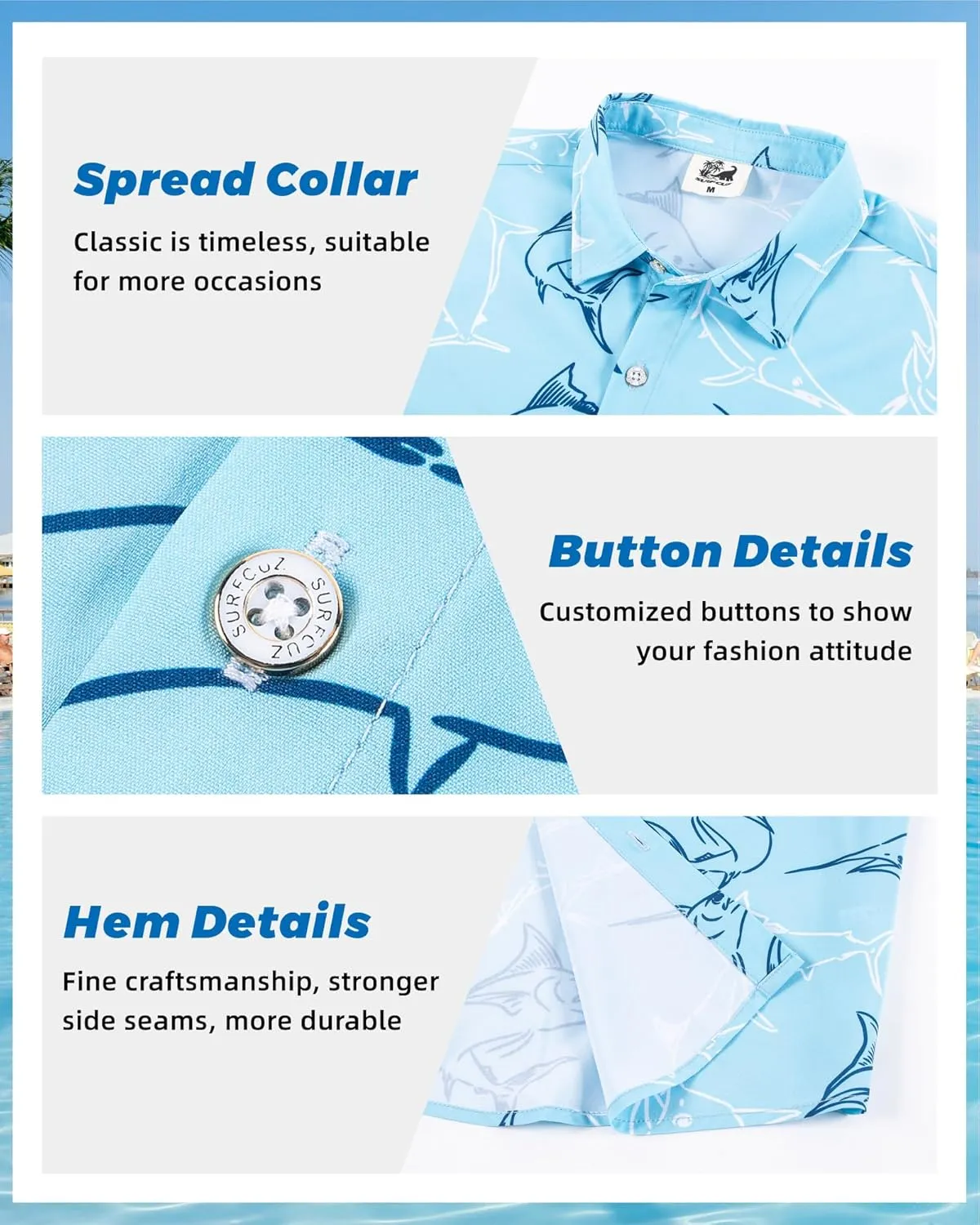 SURF CUZ Mens Casual Hawaiian Shirt Short Sleeve Stretch Button Down Quick Dry Beach Aloha Shirts