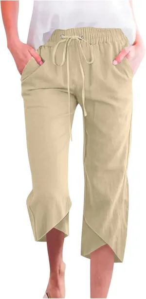 TANGNADE Womens Cotton Linen Wide Leg Capris Pants Casual Loose Beach Summer Ladies Capri Travel Boho Trouser