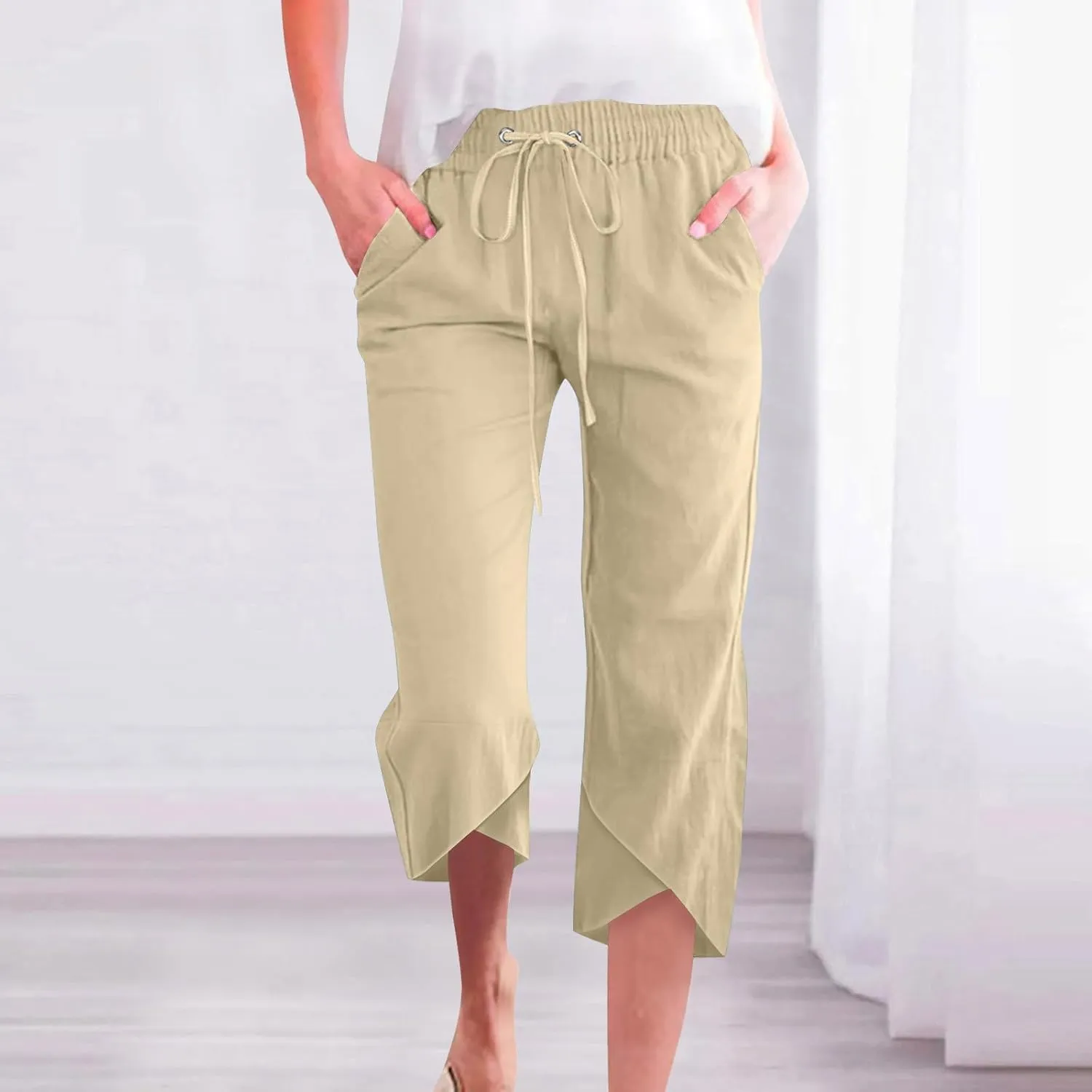 TANGNADE Womens Cotton Linen Wide Leg Capris Pants Casual Loose Beach Summer Ladies Capri Travel Boho Trouser