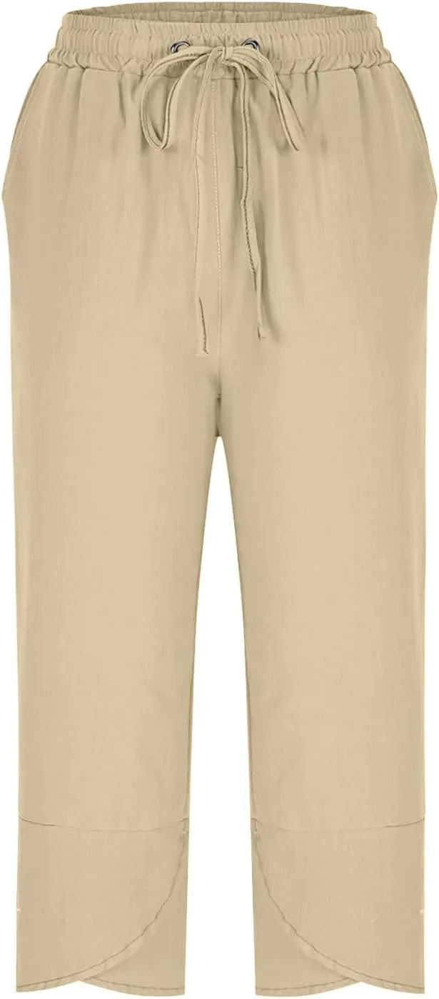 TANGNADE Womens Cotton Linen Wide Leg Capris Pants Casual Loose Beach Summer Ladies Capri Travel Boho Trouser